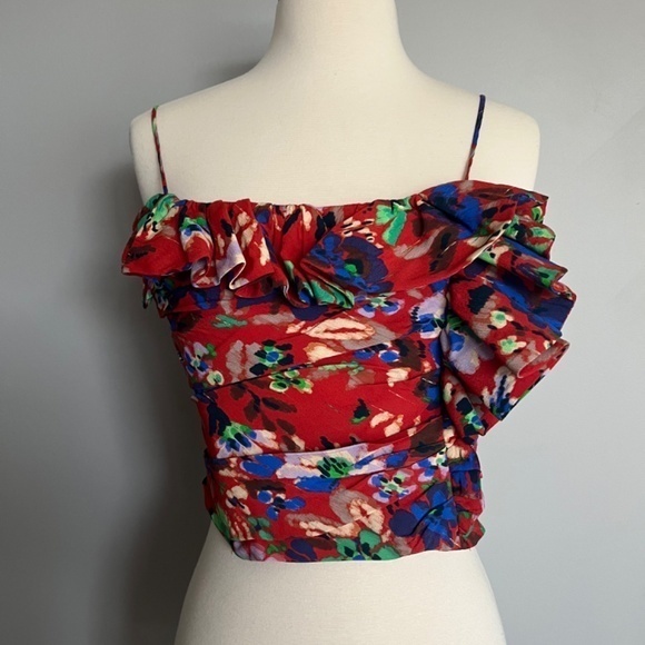 Zara Ruffle Crop Top Draped Red Floral‎ Large Shirt - Picture 6 of 13